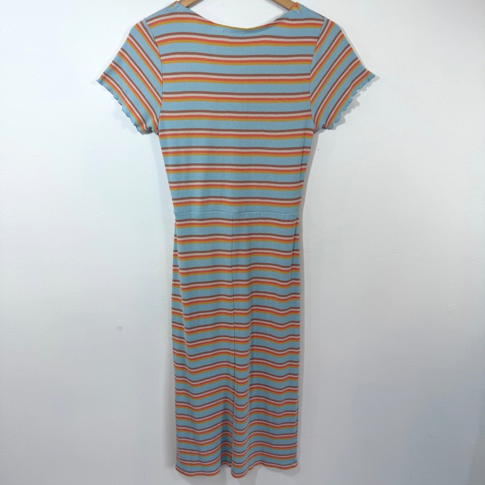Roxy Ribbed Midi Dress M Blue Orange Striped Lettuce Edge‎ Retro Coastal Preppy - Picture 7 of 14